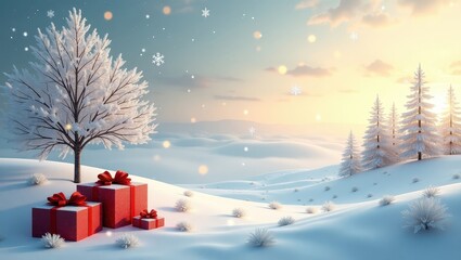 Serene snowy forest landscape with colorful presents for holiday season imagery winter promotions and cheerful Christmas illustrations