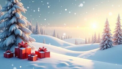 Snowy Christmas scene with bright sunlight over hills and decorative present boxes designed for winter celebration branding and joyful holiday themes