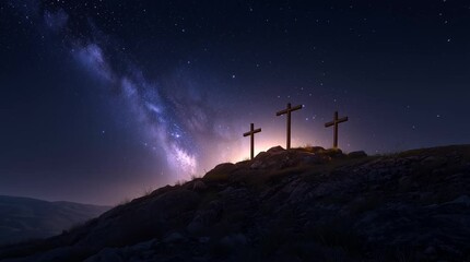 Three crosses on a hilltop under a starry night sky