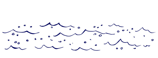 Water surface, ripples, waves and bubbles, sea and ocean. Nature and seascape. A hand-drawn vector contour drawing. Sketch in blue ink.