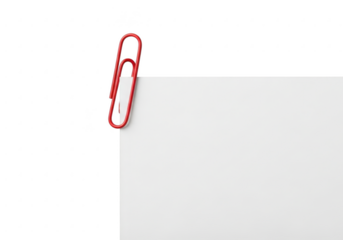 Red paperclip holding a white paper isolated on transparent background