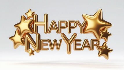 Metallic gold Happy New Year typography surrounded by glossy star decorations ideal for luxury holiday campaigns and premium festive promotions