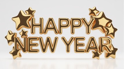 Shiny Happy New Year text in gold with 3D star shapes designed for premium holiday branding festive announcements and commercial celebration visuals