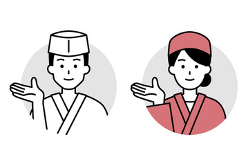 案内する和食屋の男女の店員のアイコン　セット