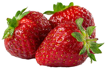 Three ripe strawberries with green stems on a black background