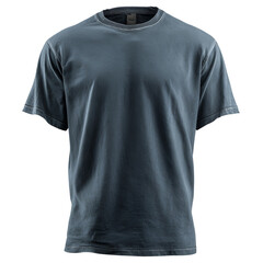 A dark washed out blue t shirt displayed against a black background