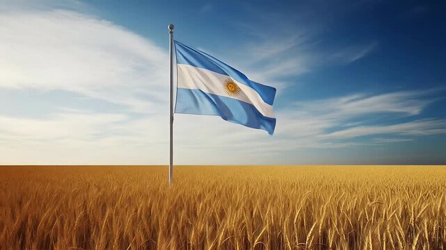 Argentine Flag Waving Over Golden Wheat Field, Agriculture and National Pride