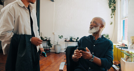 Man, hairdresser or customer with phone for service payment, banking or pos machine in salon. Male people, barber or client with mobile smartphone app for NFC choice or wireless transaction in parlor