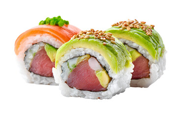 Fresh salmon and avocado sushi rolls with sesame seeds