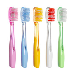 Five colorful toothbrushes lined up against a black background
