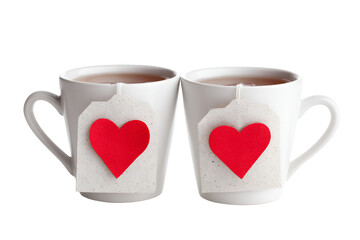 Two white mugs with red hearts filled with coffee