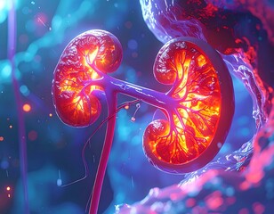 Illuminated cross-section of a human kidney, glowing brightly