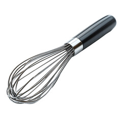 A black handled metal balloon whisk on a black background