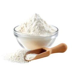 A glass bowl filled with white powder and a wooden scoop