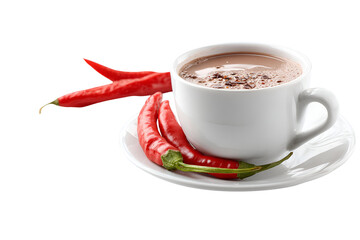 Spicy hot chocolate with red chili peppers on a saucer