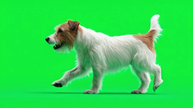 Playful jack russell terrier dog walking on green screen