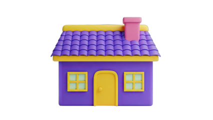 Charming 3D cartoon style house with purple walls yellow roof and door pink chimney and blue tiled roof set against a transparent background ideal for design projects