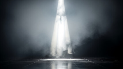 Bright white spotlight beam illuminating smoky dark stage with reflective floor