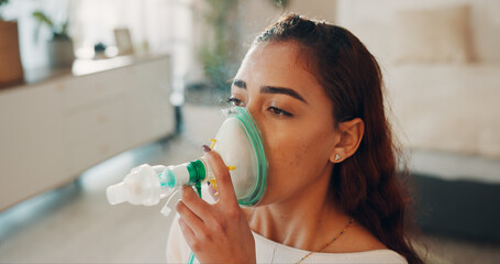 Sick, woman and breathing with nebulizer in bedroom for asthma, chronic illness or respiratory aid....