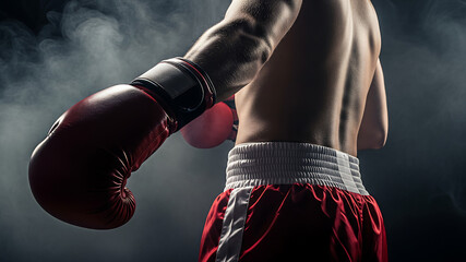 Close up of a boxer s muscular arm and torso wearing red boxing shorts and gloves