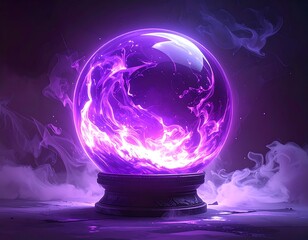Illuminated crystal sphere with fiery purple aura and smoke effects