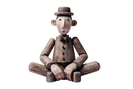 Whimsical handmade puppet with hat and bowtie sits cross legged