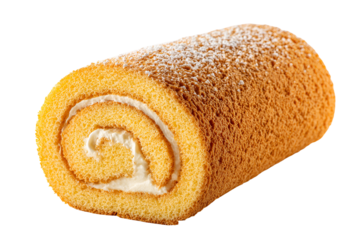 Golden swiss roll cake dusted with powdered sugar