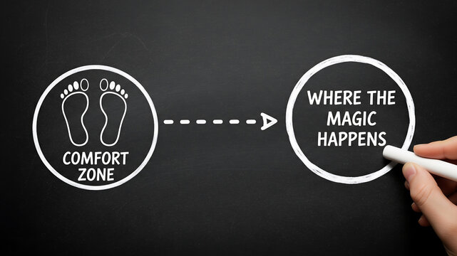 Footprints leaving comfort zone to where the magic happens drawn on blackboard