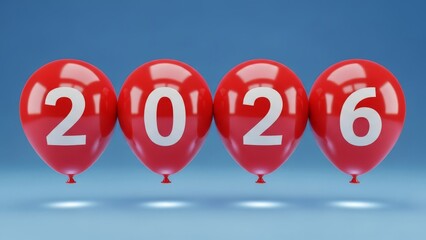 Vibrant Red Balloons Displaying 2026 Against Blue Background for New Year Celebration, Future Vision, Party Decor, Festive Branding, Marketing Themes