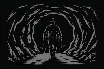 A determined miner exits a shadowy cave holding essential tools like a shovel and pickaxe