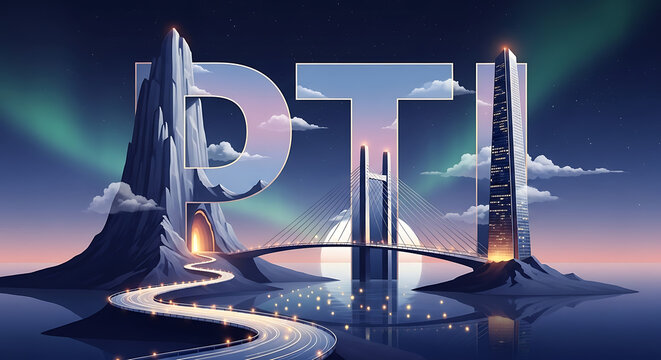 Futuristic landscape art spelling 'PTI' with a mountain, bridge, and skyscraper under an aurora borealis sky reflected in water, featuring a winding illuminated road.