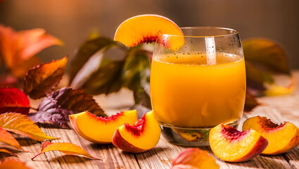 A glass of fresh peach juice with a fruit slice garnish. Sliced peaches and autumn leaves on a rustic wooden table create a warm, seasonal scene. Healthy, natural refreshment.
