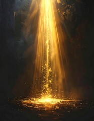 Dramatic view of luminous beams of golden light pouring downwards