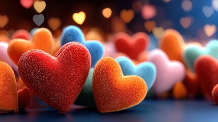 Colorful heart shaped candies on a blue surface with bokeh lights