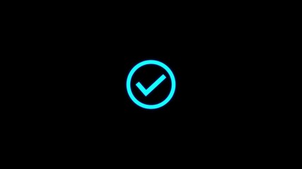 Blue Neon Check Mark Icon with Dots on Black Background symbol success