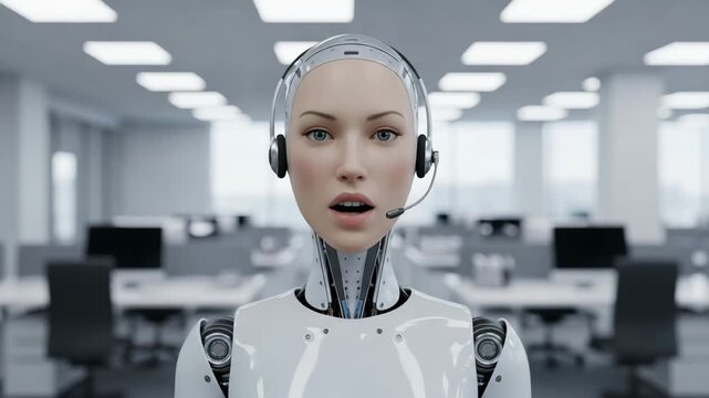 Advanced AI Robot Customer Service Representative with Headset in Modern Office Environment.