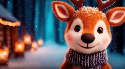 A cute reindeer wearing a scarf in a snowy forest with lights