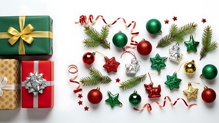 Christmas presents and decorations with ribbons and bows on white background