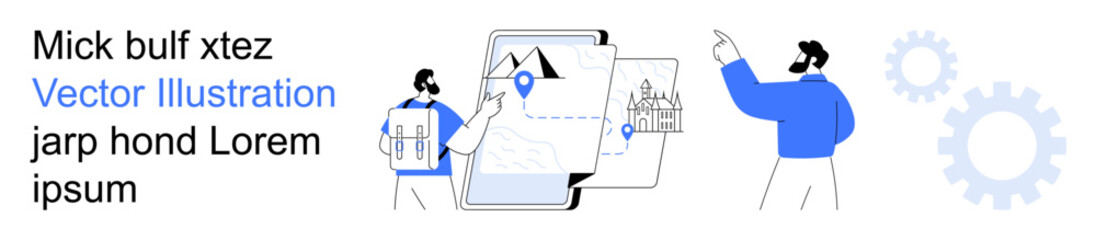 Travel planning, location services, technology, navigation, maps, and mobile apps. Abstract characters interact with a mobile map showing a location pin and landmarks. Travel planning and location
