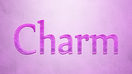 Purple text effect of word Charm on light background.