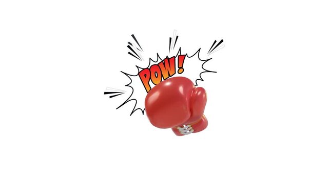 3d red boxing glove punching with comic pow text on transparent background.