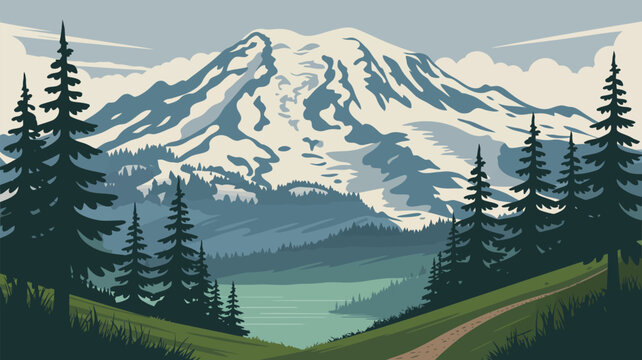 Majestic Mount Rainier National Park Landscape Illustration