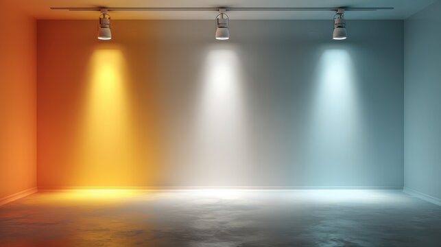 A conceptual rendering of an empty room with three distinct lighting color temperatures on the wall.