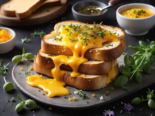 homemade toast with cheese sauce and herbs.