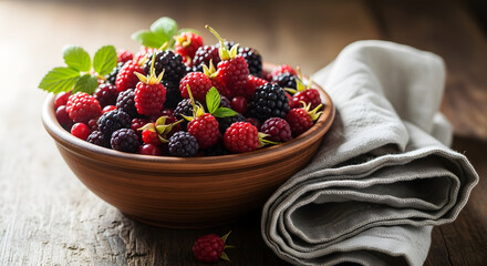 Rustic Wooden Bowl Filled with Assorted Fresh Berries and Mint Leaves on a Textured Surface mixed berries