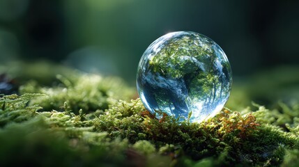 A glass globe sitting on top of a moss covered ground