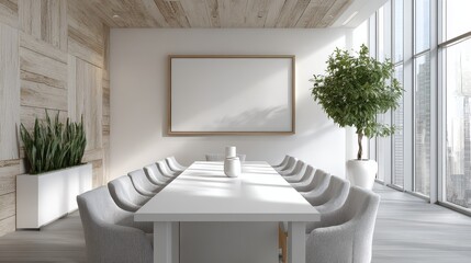 A bright and modern conference room interior featuring a long white table and panoramic city views