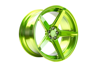 Wheel Alloy car wheels rim glowing green chrome or mag wheel high performance auto part decoration. Car accessories transport vehicles transportation. Isolated on transparent cut out PNG background.
