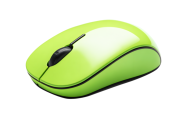 Computer equipment technology. Glowing green color wireless computer mouse isolated on cut out PNG or transparent background. Modern design highlights smooth curves and minimalistic buttons.