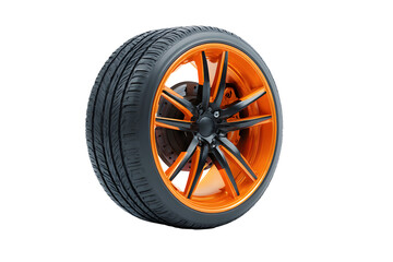 Black tire with wheel alloy isolated on cut out PNG transparent background. Car wheels rim fluorescent orange chrome mag wheel black performance auto part decoration. Transport vehicles transportation
